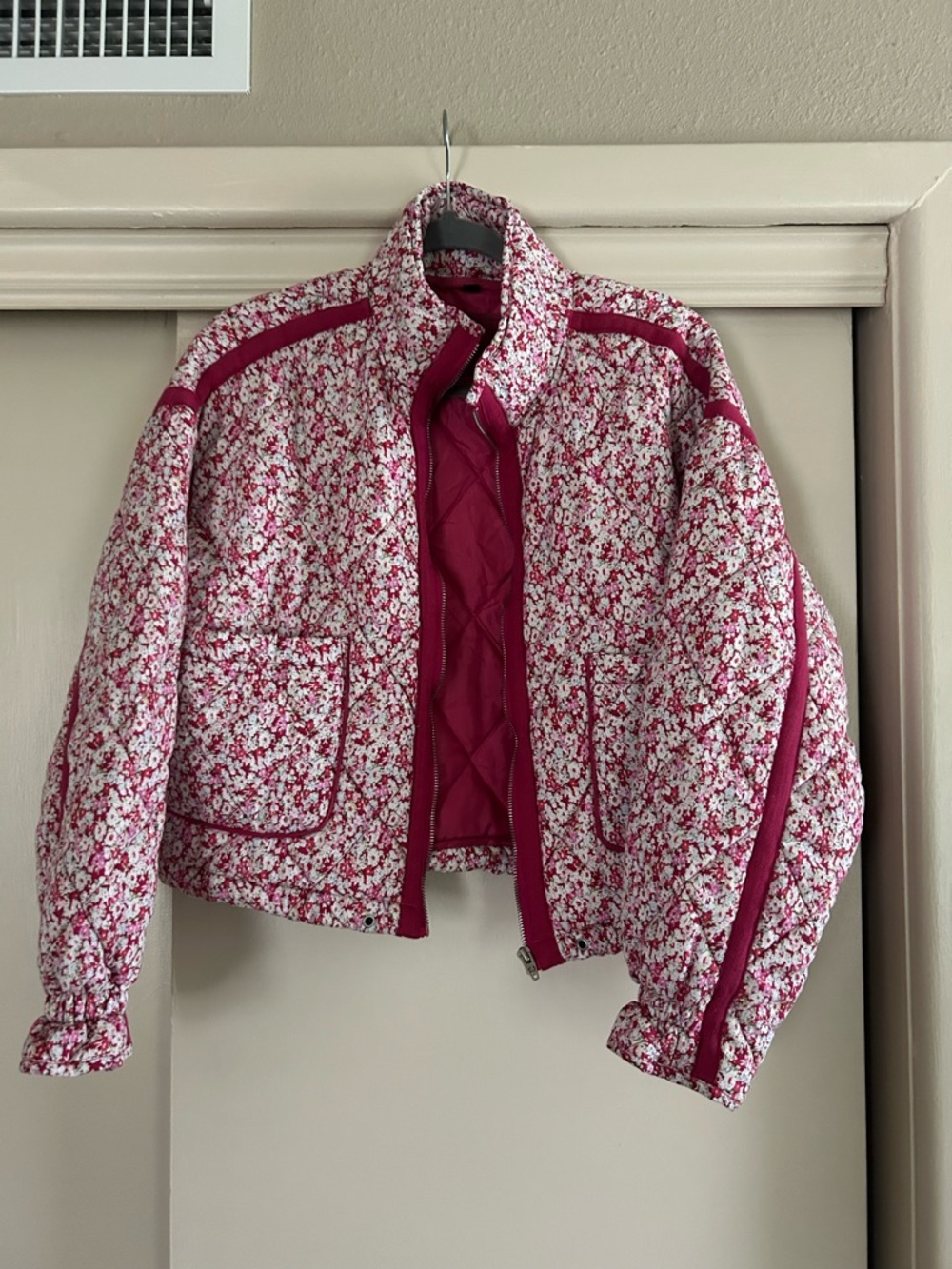 Blank NYC Pink Floral Quilted Crop Puffer Jacket